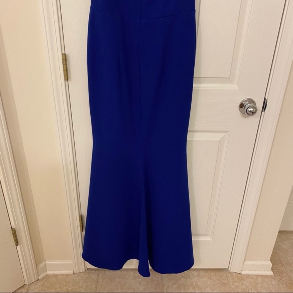 XSCAPE asymmetrical Off-The-Shoulder Scuba Crepe Gown in Marine - Picture 8 of 9